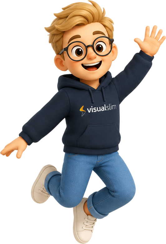 Mascote da Visual Slim acenando em boas-vindas
