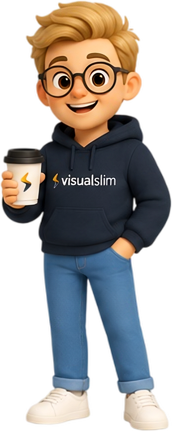 Mascote da Visual Slim com uma xícara de café